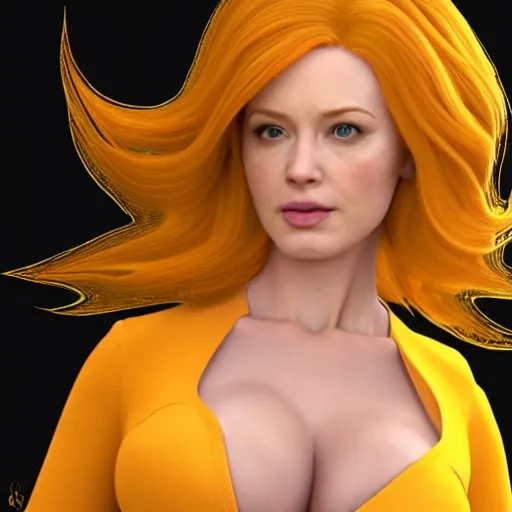 Image similar to Christina Hendricks Turning to super Saiyan, realistic 3d render,