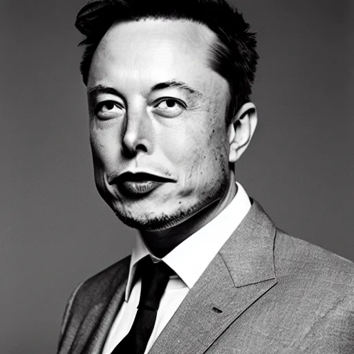 Image similar to photo of Elon Musk by Diane Arbus, black and white, high contrast, Rolleiflex, 55mm f/4 lens