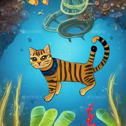 Prompt: a cat scuba diver, ears and tail and flippers, mystical undersea atmosphere, realistic