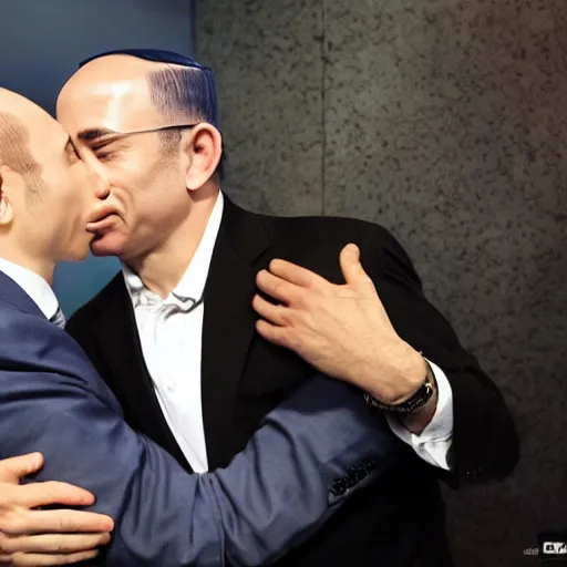 Image similar to benjamin netanyahu kissing naftali bennet, realistic, detailed