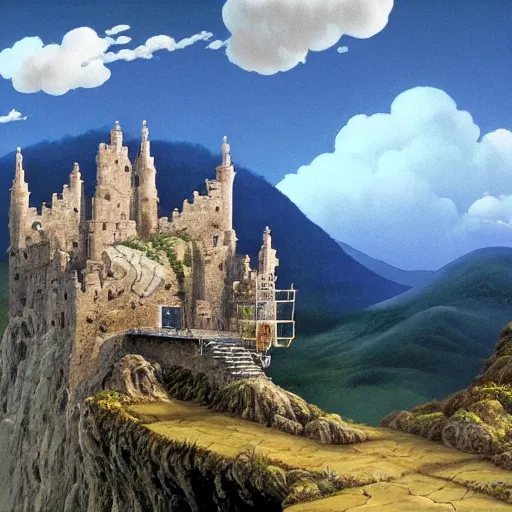 Image similar to A beautiful detailed landscape matte painting of Castle in the Sky, by Hayao Miyazaki