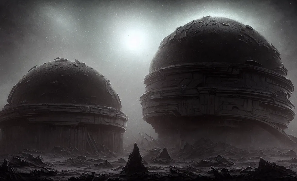 Prompt: epic professional sci - fi digital art of ruined domed planetary outpost, eerie atmospheric lighting, painted, detailed, intricate, impressive foreboding, by leesha hannigan, wayne haag, reyna rochin, ignacio fernandez rios, mark ryden, iris van herpen, hdr, 8 k, epic, stunning, gorgeous, much wow, cinematic, masterpiece