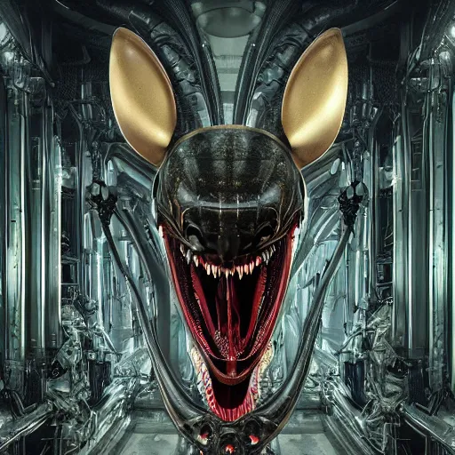 Image similar to mickey mouse xenomorph chimera lurkin in dark room portrait, round ears, designed by h. r. giger, highly intricate detailed 8 k ultrarealistic octane render by artgerm and rutkowski and mucha