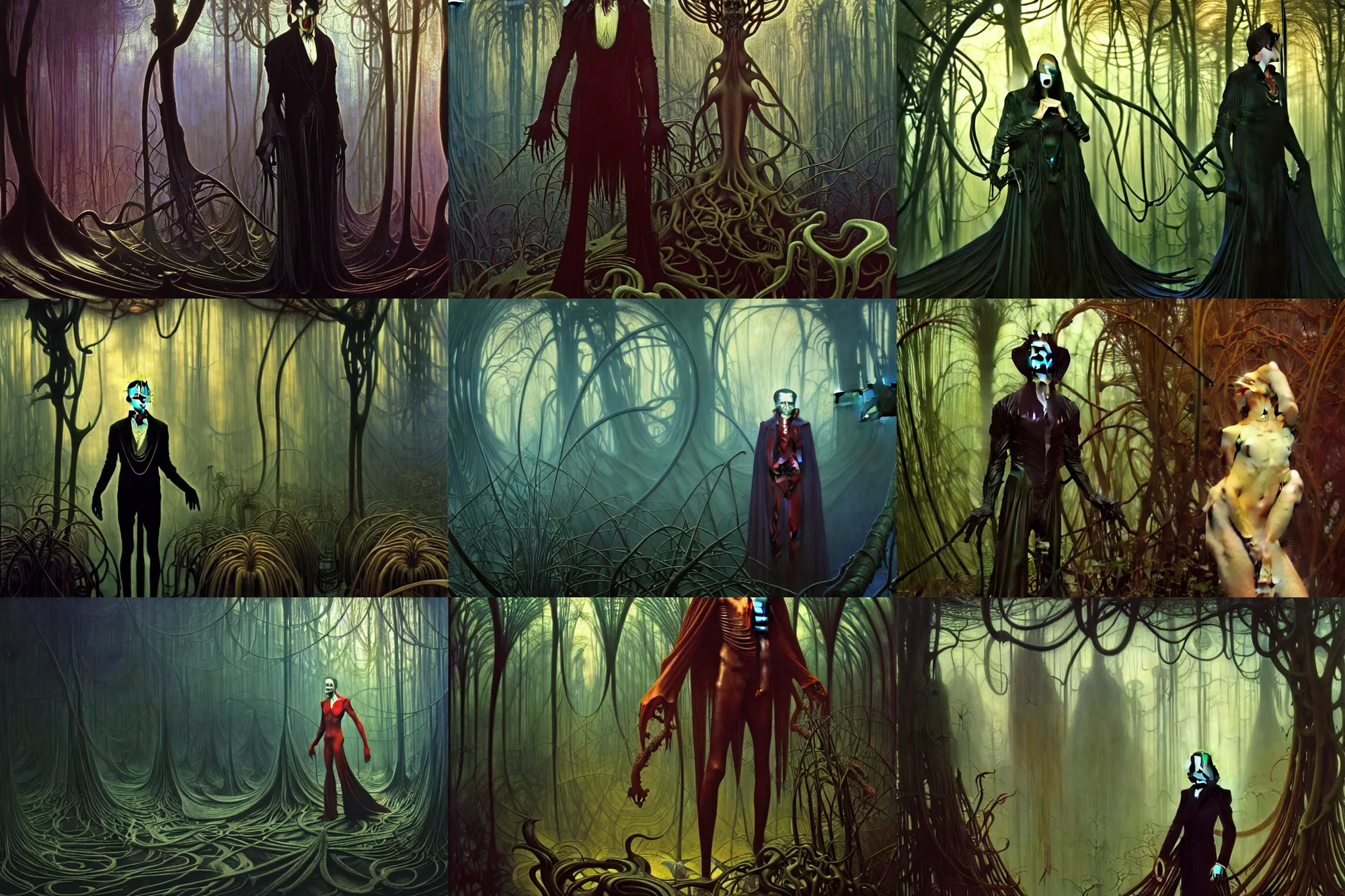 Prompt: realistic extremely detailed portrait painting of an elegantly creepy vampire man dressed as dracula, futuristic sci-fi forest on background by Jean Delville, Amano, Caravaggio, Yves Tanguy, Alphonse Mucha, Ernst Haeckel, Edward Robert Hughes, Roger Dean, rich moody colours, cinematic composition, octane render, unreal engine, 4k 3d render