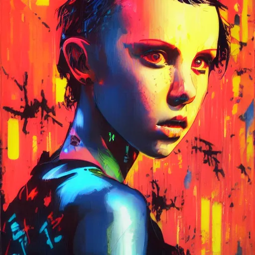 Prompt: Neon Millie Bobby Brown by Yoji Shinkawa