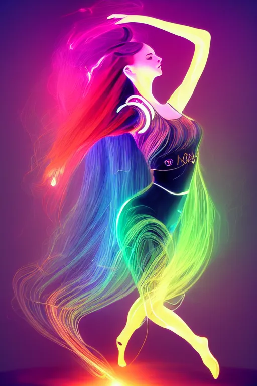 Image similar to a award winning half body portrait of a beautiful woman with stunning eyes in a croptop and leggings with reinbow colored ombre hairstyle head in motion and hair flying while dancing by thomas danthony, surrounded by whirling illuminated lines, outrun, vaporware, shaded flat illustration, digital art, trending on artstation, highly detailed, fine detail, intricate