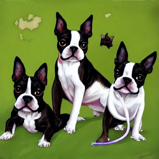 Prompt: boston terriers playing together, fantasy art