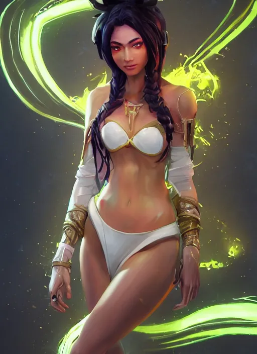 Prompt: senna from league of legends, au naturel, hyper detailed, brown skin, glowing green neon eyes, wearing white jacket, digital art, trending in artstation, cinematic lighting, studio quality, smooth render, unreal engine 5 rendered, octane rendered, art style by klimt and nixeu and ian sprigger and wlop and krenz cushart