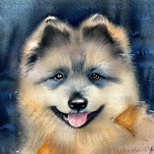 Prompt: a keeshond puppy watercolor painting by jean - baptiste monge, muted colors