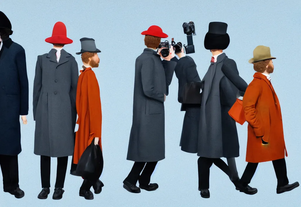 Image similar to full body portrait of a trio of young european tourists long coat travel apparel, with nikon cameras, various poses shooting photos, character designs painting, in the style of wes anderson, rene magritte, lola dupre, david hockney, isolated on white background, dark monochrome neon spraypaint accents volumetric octane render