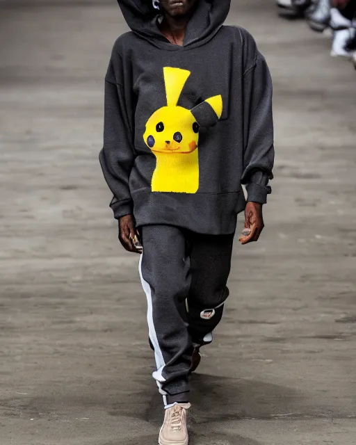 Image similar to hyperrealistic and heavy detailed 2321s Yeezy runway show of Pikachu , Leica SL2 50mm, vivid color, high quality, high textured