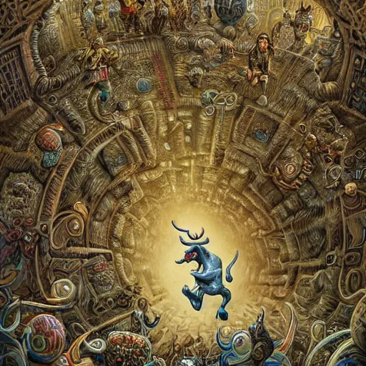 Image similar to a hyper realistic painting of a minotaur chasing people in a labyrinth, by joe fenton, highly detailed, vivid color,