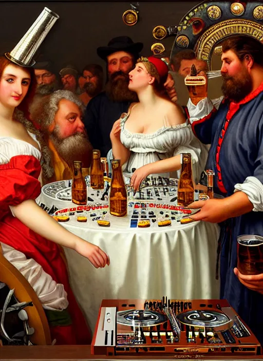 Prompt: large technics dj table octoberfest invite card, large man and large round faced woman watching to the camera, beer glasses, strudels and birthday presents surrounded by presents, realistic, highly detailed, digital illustration, trending in artstation, classical painting, smooth, sharp focus art by ilya repin