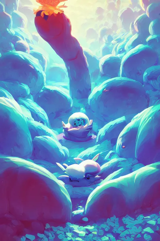 Image similar to smurf ghost creature animal sushi cristal very big eye roots cactus elemental flush of force nature micro world fluo fishscale, behance hd by jesper ejsing, by rhads, makoto shinkai and lois van baarle, ilya kuvshinov, rossdraws radiating a glowing aura global illumination ray tracing hdr