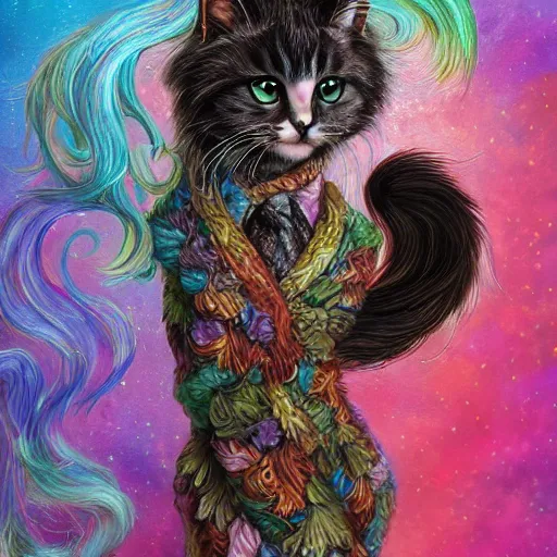 Prompt: cat seahorse shapeshifter, long haired humanoid fursona, detailed painterly digital art by wlop, louis wain, lisa frank, furaffinity, cgsociety, trending on artstation