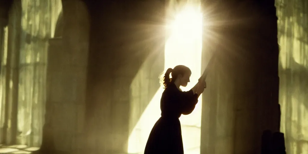 Image similar to Film still of Emma Watson as Hermione Granger. Silhouette. Shadowed. Halo. Ring of light. 35mm lens. Backlit. Angelic. Beautiful. William Adolphe Bouguereau. Henriette Browne.