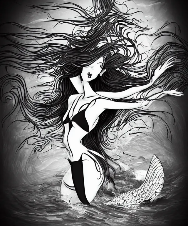 Image similar to black and white illustration, creative design, dark fantasy, fine art, beautiful mermaid, full body, swimming in ocean, fish tail bikini top flowing hair