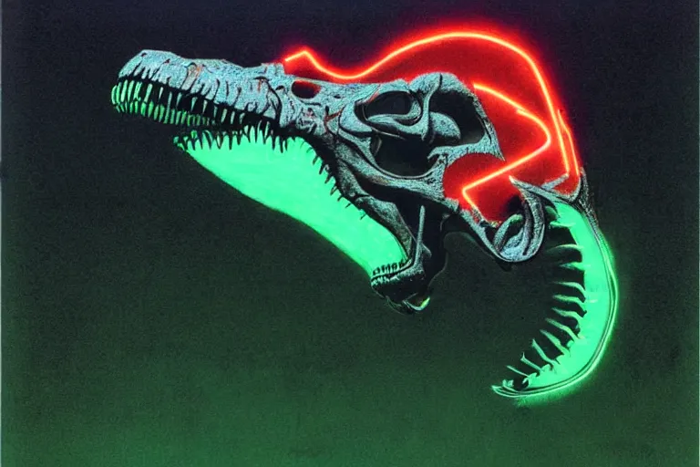 Image similar to screaming t - rex skull made of neon light volumetric lighting, by caspar david friedrich and wayne barlowe and ted nasmith