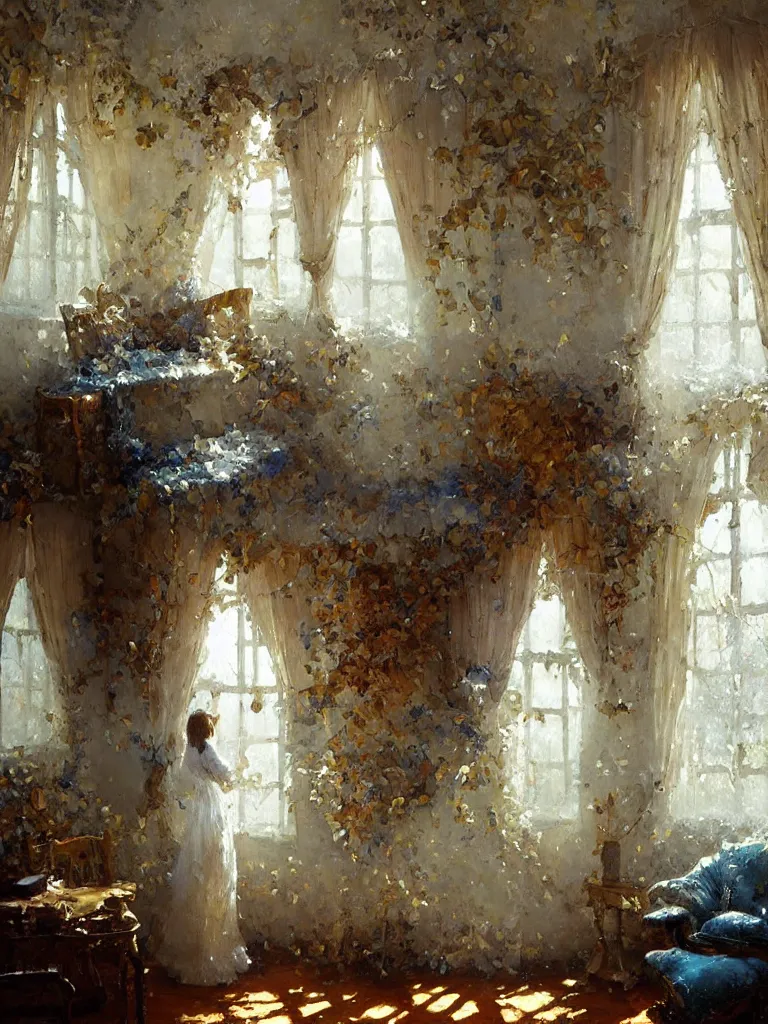 Image similar to cozy fantasy room, amazing impressionistic oil painting by alexi zaitsev, melinda matyas, denis sarazhin, karl spitzweg, intricate details, fractal leaves, tall windows, high quality, visible brush strokes, award winning, sharp focus, cool white