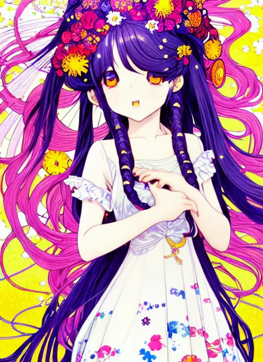 Prompt: exquisite imaginative manga poster art of a smiley girl, long wavy hair, stars, flowers, lolita dress, shimmering, by kojima ayami, shigenori soejima, minaba hideo, alphonse mucha, jump comics, shogakukan, art nouveau, illustration, artstation, highly detailed, 8 k, fluorescent, maximalist