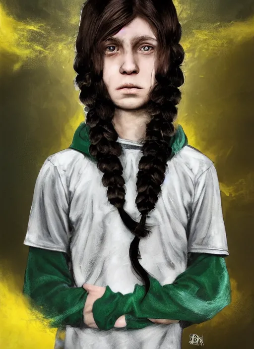 Image similar to An epic fantasy comic book style portrait painting of a mysterious ethereal young feminine green-eyed boy, expressive, angry expression, fair skin, long brown hair worn in two pigtails, his left pigtail is shorter than his right pigtail, he wears a yellow hoodie with a grey undershirt, unreal 5, DAZ, hyperrealistic, octane render, cosplay, RPG portrait, dynamic lighting