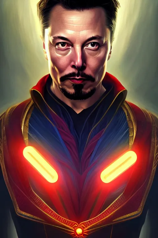 Image similar to elon musk as dr strange, realistic portrait, symmetrical, highly detailed, digital painting, artstation, concept art, smooth, sharp focus, illustration, cinematic lighting, art by artgerm and greg rutkowski and alphonse mucha