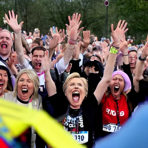 Image similar to hillary clinton running marathon screaming shouting hands in air