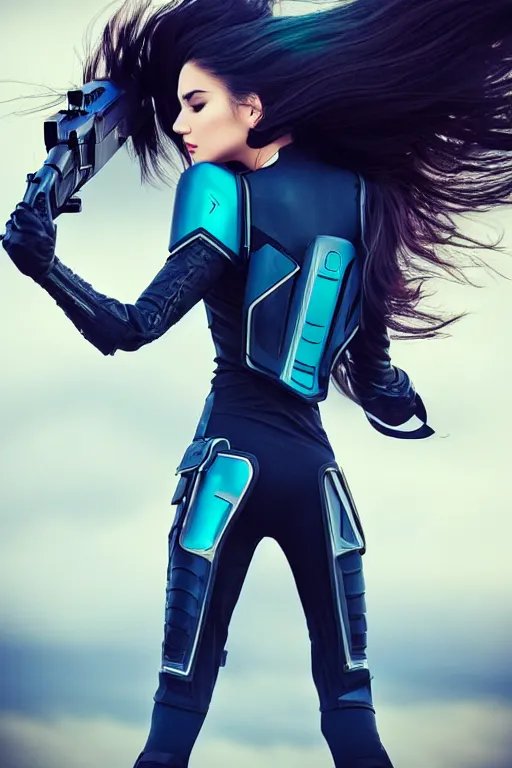 Prompt: a stunning picture of a beautiful young woman wearing futuristic deep black battle bodyarmor and legings with ombre navy blue teal hairstyle blowing in the wind shouldering a futuristic rifle by marvel comics, digital art, trending on artstation