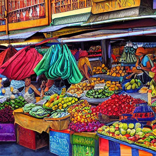 Prompt: prosperous markets in salvador bahia Brazil artwork by James Gurney