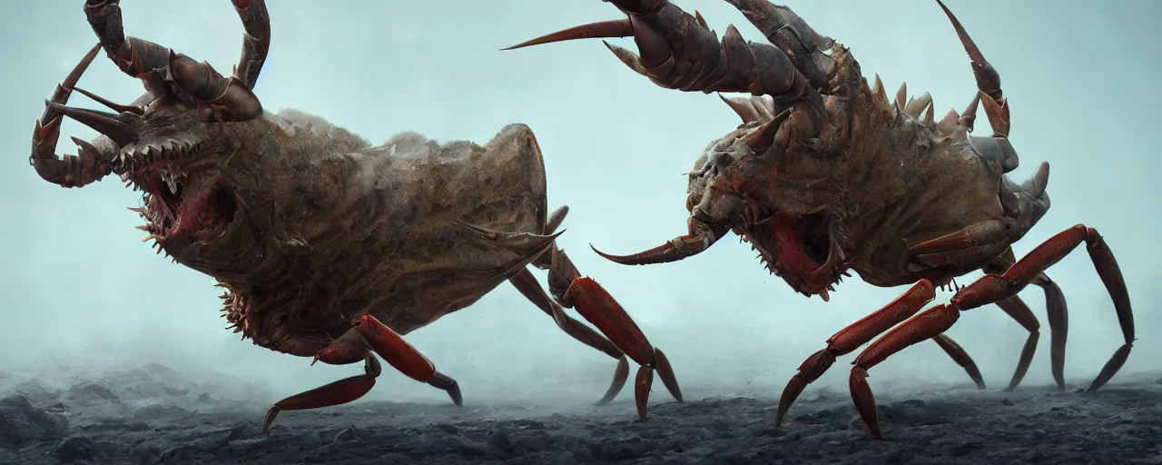 Image similar to creature design, crab - gazelle hybrid, cinematic lighting, octane render, cinematic aura lighting, atmospheric, photorealistic, hyperdetailed 3 d matte painting, hyperrealism, hyperrealistic