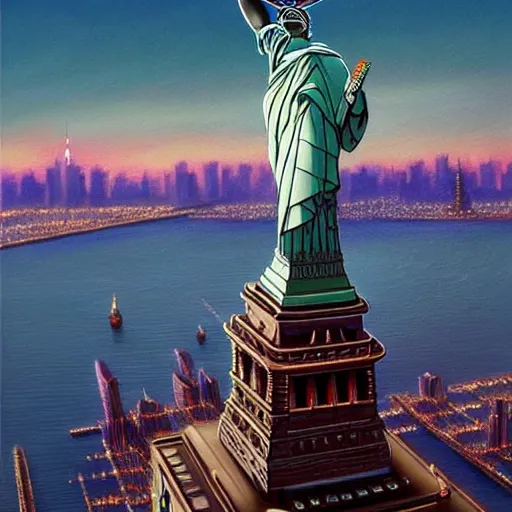 Image similar to very realistic painting of half man half eagle on the statue of liberty, watching the colorful city with highly detailed skyline, sunset, majestic, wonderful, fantasy, by Greg Rutkowski, Trending on Artstation, digital art