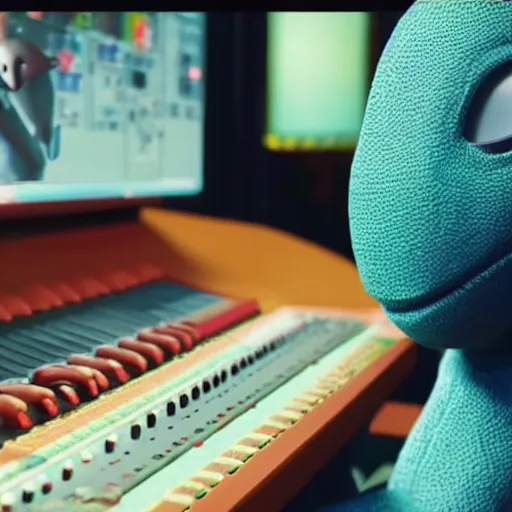 Image similar to cinematic film still of Pharrell Williams Making A Beat with an anthropomorphic alien, Japanese VFX, 2018, 400mm lens, f1.8, shallow depth of field,film photography