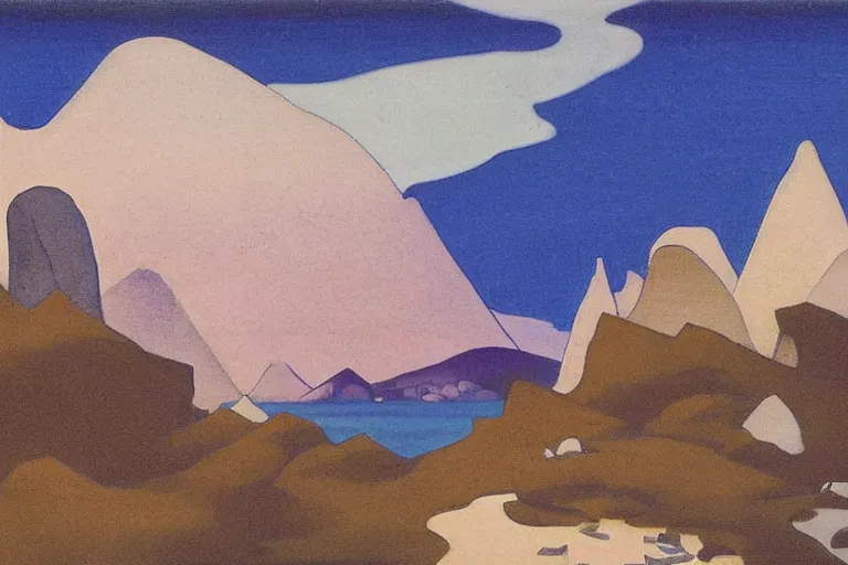 Image similar to an oriental palace made of immaculate white stones planted at the edge of a waterless ocean under a twilight light, blue sky without clouds, people angling at the edge, crystalline rock, pastel shades, style of nicholas roerich, mountains made of sharp crystal that emit light