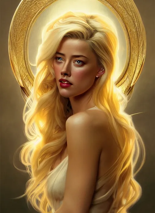 Prompt: portrait of amber heard as an blonde angel, wings, bible, intricate, headshot, highly detailed, digital painting, artstation, concept art, sharp focus, cinematic lighting, illustration, art by artgerm and greg rutkowski, alphonse mucha, cgsociety