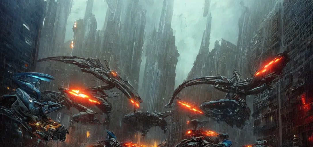 Prompt: First Person Point view of Gipsy Danger robort fighting with Knifehead and Slattern in the wreckage city in the rain,Pacific Rim,by Tim Hildebrandt ,James Paick,Ted Nasmith, peter gric,Hugh Ferriss,trending on artstation,8k,Blade Runner 2049,ultra realistic,high detail,golden ratio,cinematic lighting,maximalist