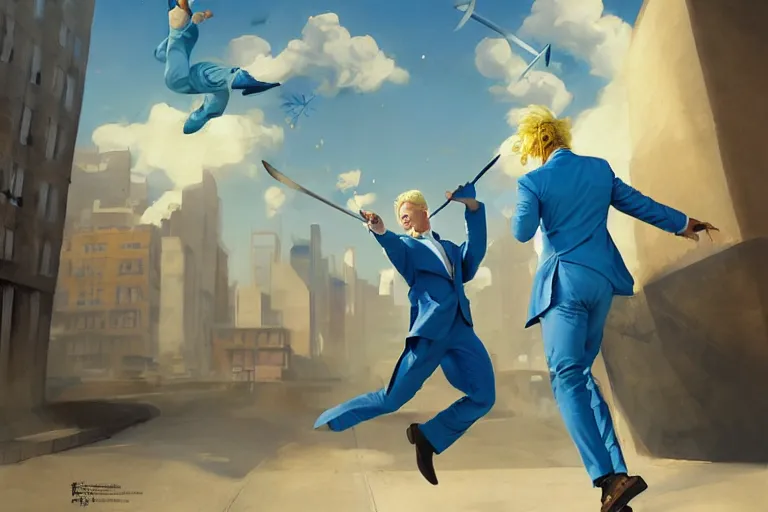 Image similar to a blond man in a blue suit hit by flying thrown swords, organic painting, sunny day, matte painting, bold shapes, hard edges, street art, trending on artstation, by huang guangjian, gil elvgren, ruan jia, randy vargas, greg rutkowski