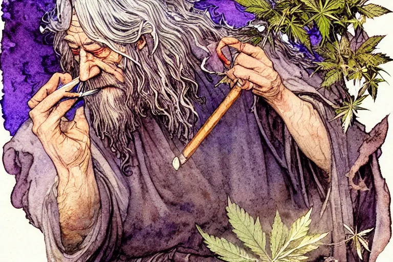 Image similar to a realistic and atmospheric watercolour fantasy character concept art portrait of gandalf with pink eyes lying on his back looking happy and confused and smoking weed out of his pipe with a pot leaf nearby, by rebecca guay, michael kaluta, charles vess and jean moebius giraud