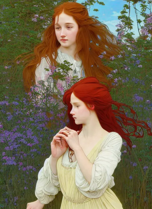 Image similar to young woman resembling alicia vikander with long red hair, wearing a dress, building a castle on the wooden floor in an old wooden house, path traced, highly detailed, high quality, digital painting, by studio ghibli and alphonse mucha, leesha hannigan, hidari, art nouveau, chiho aoshima, jules bastien - lepage