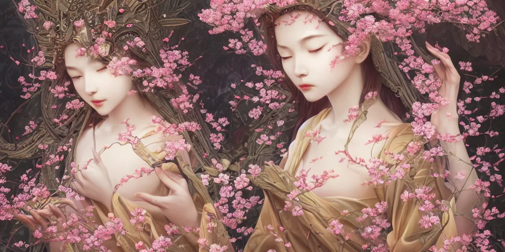 Image similar to breathtaking detailed concept art painting of the goddess of cherry blossom flowers, orthodox saint, with anxious, piercing eyes, ornate background, amalgamation of leaves and flowers, by Hsiao-Ron Cheng, James jean, Miho Hirano, Hayao Miyazaki, extremely moody lighting, 8K