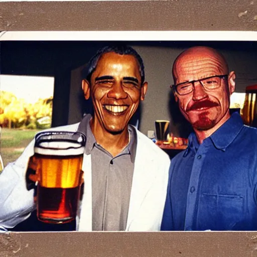 Image similar to Obama and Walter White sharing a beer at the family bbq, Polaroid image