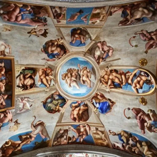 Prompt: god celebrating his birthday with a cake painted on the ceiling of the Sistine chapel. Photograph. H- 1080