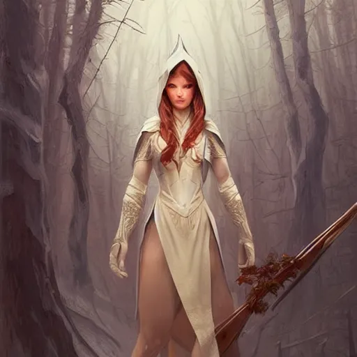 Image similar to beautiful natural coy cottagecore archer elf hooded longbow, intricate, elegant, highly detailed, digital painting, artstation, concept art, smooth, sharp focus, illustration, art by artgerm and greg rutkowski and alphonse mucha and loish and wlop