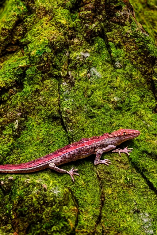 Image similar to a macro photo of a lizard on a moss covered rock, shiny scales, moss and vegetation, ancient forest, close - up, intricate details, intricately detailed textures, warm lighting, vivid colors, smoke and mist, hyper realistic octane render, volumetric shading, depth of field, raytracing, 8 k,