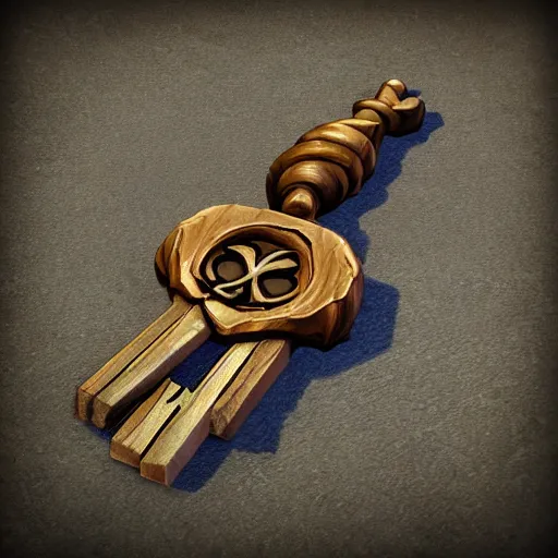 Image similar to a medieval wooden key for the doors, rpg game inventory item, Warcraft style, outer glow, solid background, trending on artstation