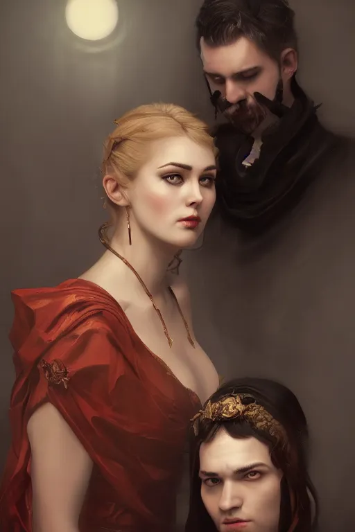 Image similar to a portrait of handsome young evil male Satan and his elegant beautiful wife, bored, illustration, dramatic lighting, soft details, painting oil on canvas, art deco, octane render, HDR, 4k, 8k, HD, by Edmund Blair Leighton, Brom, Charlie Bowater, trending on artstation, faces by Tom Bagshaw, Sargent