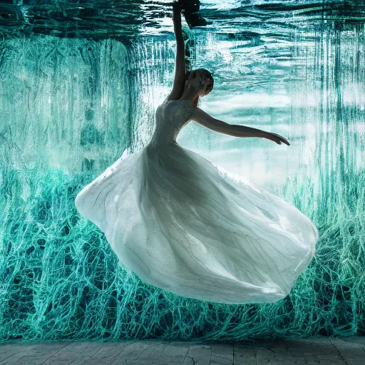 Prompt: woman dancing underwater wearing a dress made of seaweed that is flowing in the current, lighting with caustics from sunlight, cinematic, photorealistic