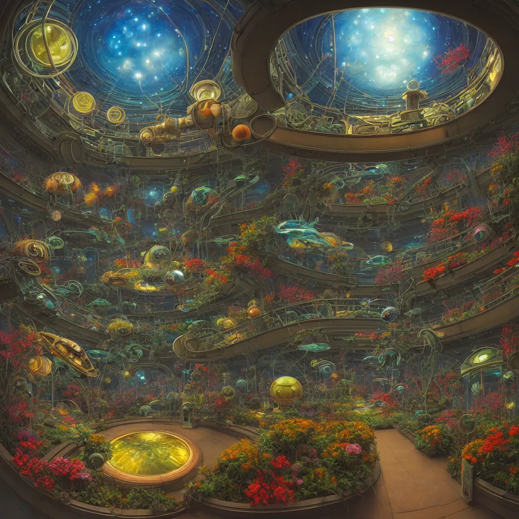 Image similar to fish eye lens a bright minimalist bioluminescent oil painting by donato giancola, warm coloured, cinematic scifi luxurious futuristic foggy steam filled victorian garden mall interior with microscopy radial windows flowers growing out of pretty bulbous ceramic fountains, gigantic pillars and flowers, maschinen krieger, beeple, star trek, star wars, ilm, atmospheric perspective