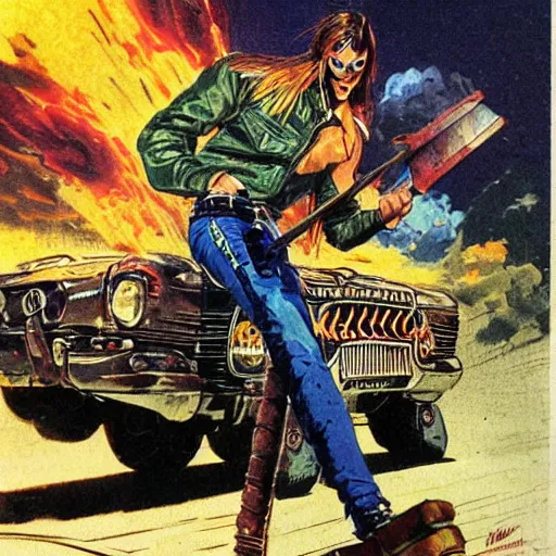 Prompt: shocking of a horrifying picture of Gyro Gearloose smashing his car with a hammer. leather jacket, black makeup. character design by Bruce Pennington, detailed, inked, western comic book art