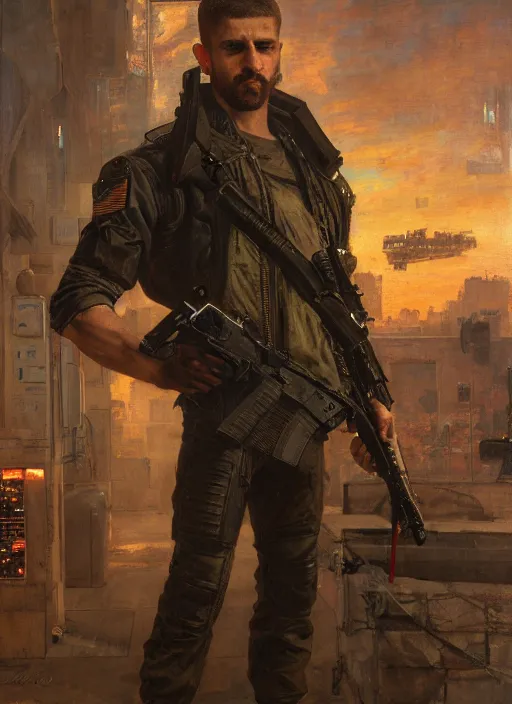 Prompt: arthur cyberpunk USN marine wearing a military vest and military jumpsuit (cyberpunk 2077, bladerunner 2049). Iranian orientalist portrait by john william waterhouse and Edwin Longsden Long and Theodore Ralli and Nasreddine Dinet, oil on canvas. Cinematic, hyper realism, realistic proportions, dramatic lighting, high detail 4k