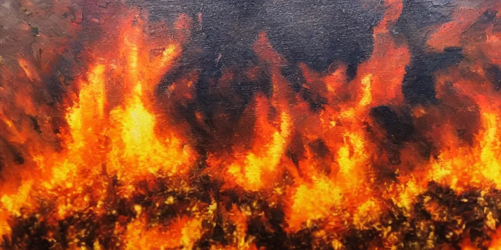 Image similar to San Francisco fire, large flames everywhere, wide shot, realistic, 8k, hd, macro detail, micro detail, oil on canvas